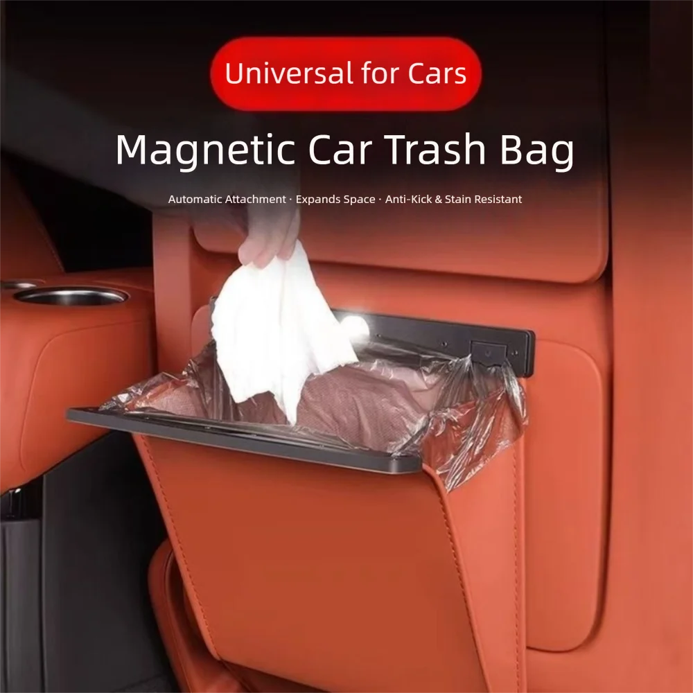New PU Leather Rear Garbage Bag Large Capacity Hanging Car Interior Trash Bag Magnetic Closure Seat Back Storage Bag Car Use