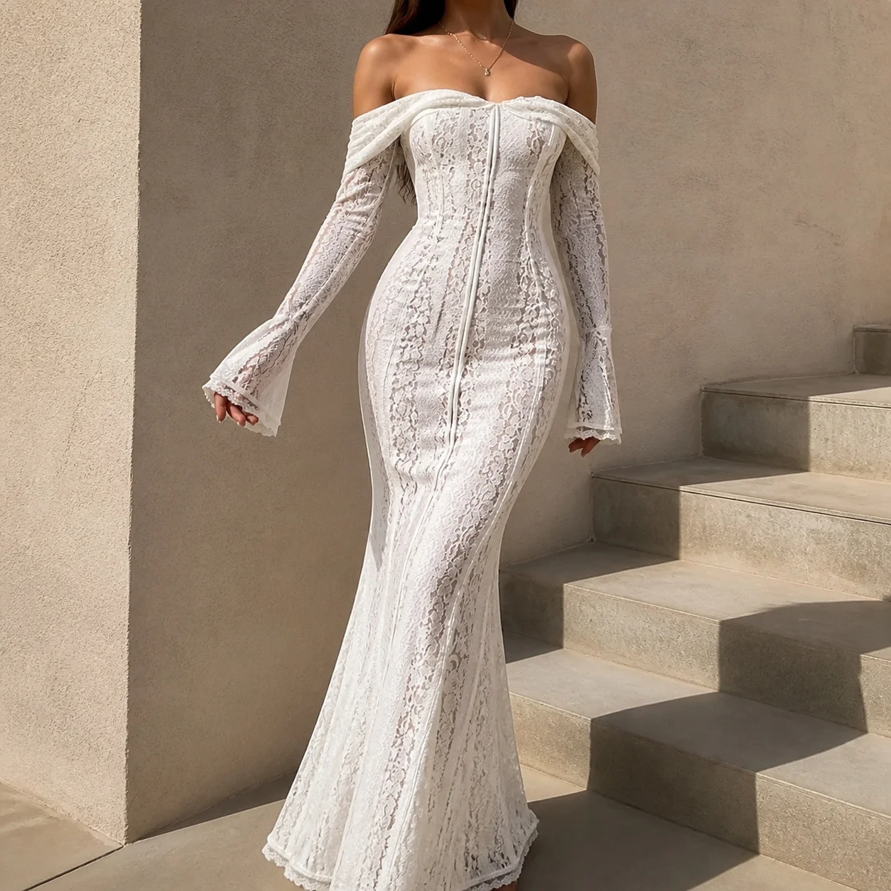 Women's Off Shoulder Long Flared Sleeve Lace Bodycon High Waist Dress for Wedding Guest Elegant Party Prom Wedding Party