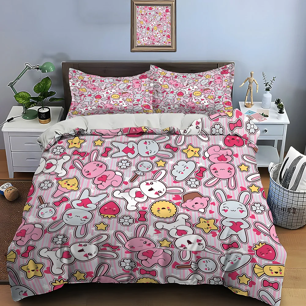 Cartoon bunnies and dessert pattern Bedding Set for Kids Luxury Gift 3pc Digital Print Comforter Set Soft Comfortable Breathable