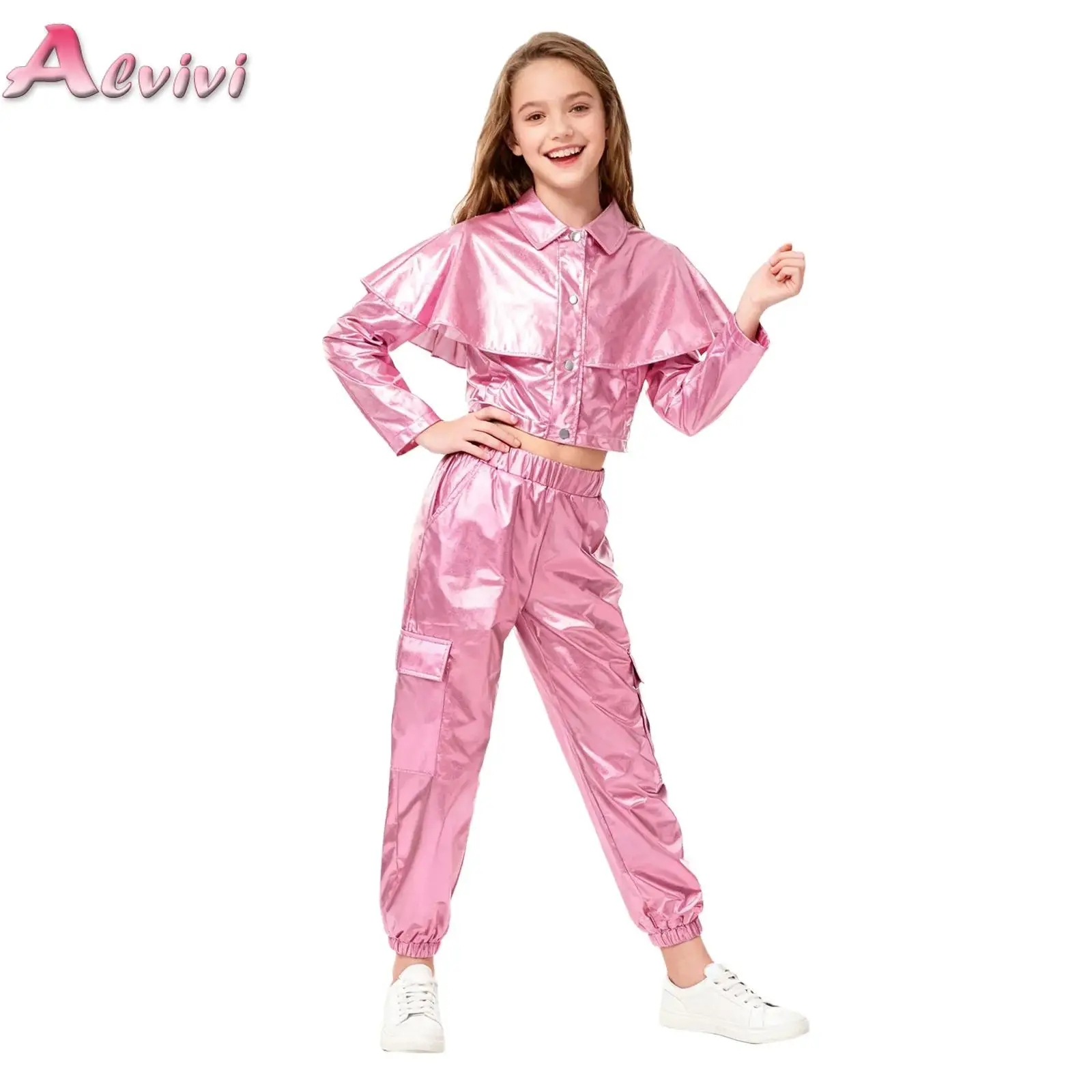 

Kids Girls Metallic Fashion Clothes Set Long Sleeve Front Ruffle Metallic Jacket with Shiny Pants for Hip-hop Dance Theme Party