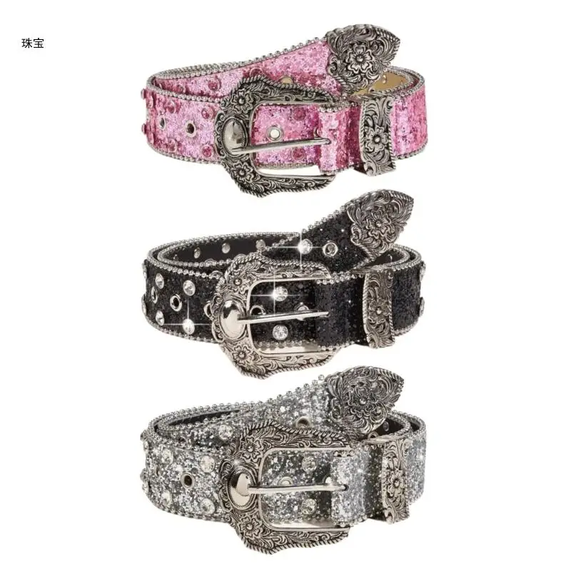 X5QE Wear Resistant Adult Belt with Diamond Pin Buckle Female Decorative PU Belt