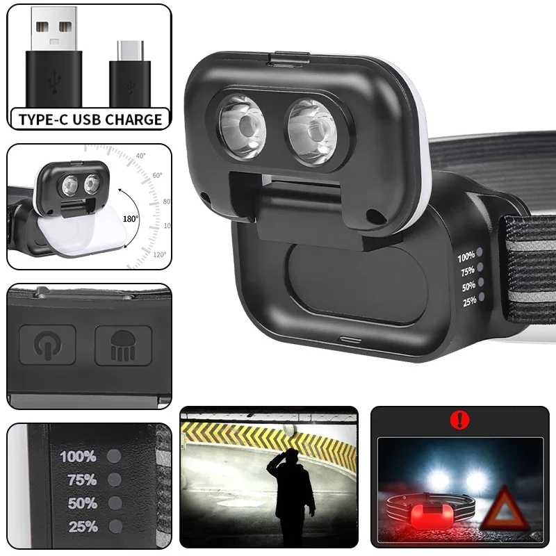LED Red Blue White Light Strong Headlamp Digital Display Hat Clip Lamp Outdoor Night Running Long Battery Life Headlamp