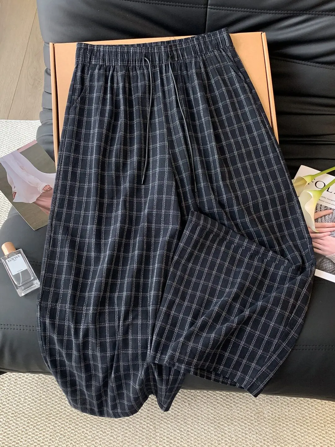 Women Fall Color Block Plaid Linen Blend Harem Pants Loose High Waist Wide Leg Retro Casual Comfort Layering Versatile Trousers