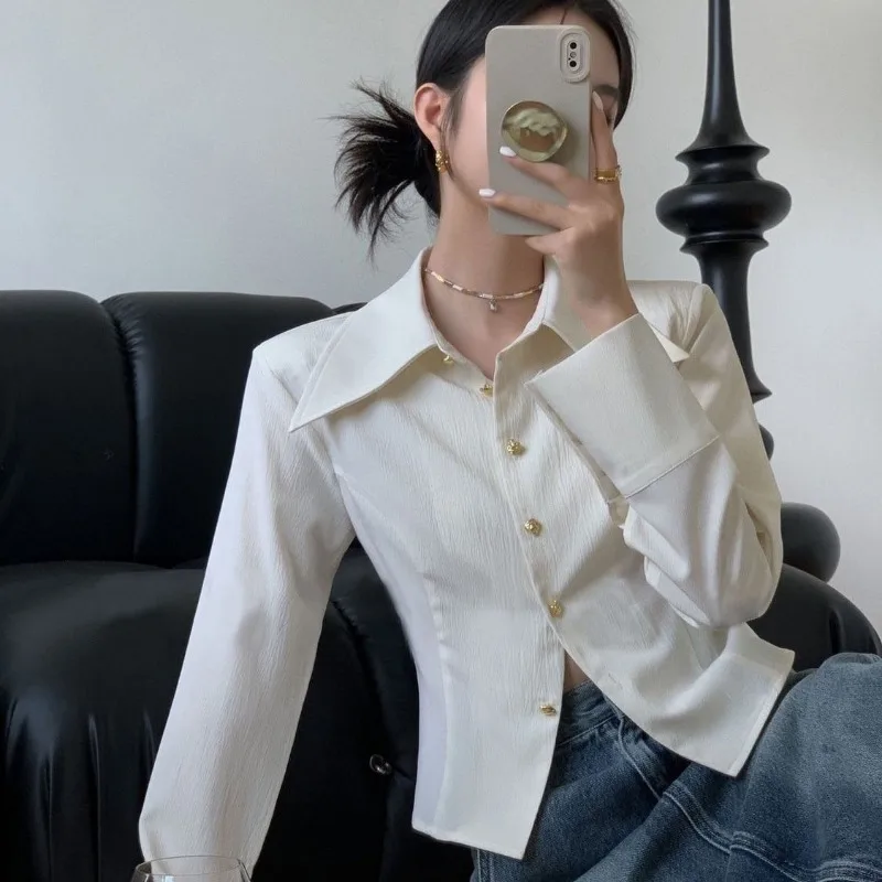 Nieuwe stijl wit modieus puntkraag Frans high-end overhemdontwerp Slank kort stijl topshirt met lange mouwen