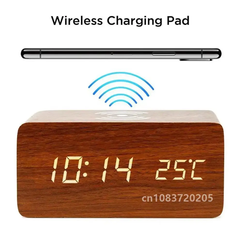 

Alarm Clock LED Digital Wooden USB/AAA Powered Table Watch with Temperature Humidity Wireless Charging Electronic Desk Clocks