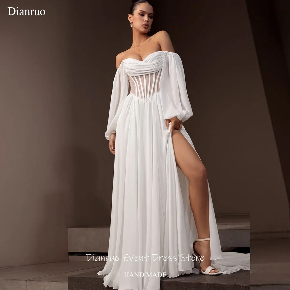 

Dianruo Illusion High Slit Evening Dresses Chiffon A Line Puff Sleeves Dresses For Women Off Shoulder Wedding Dresses Customized