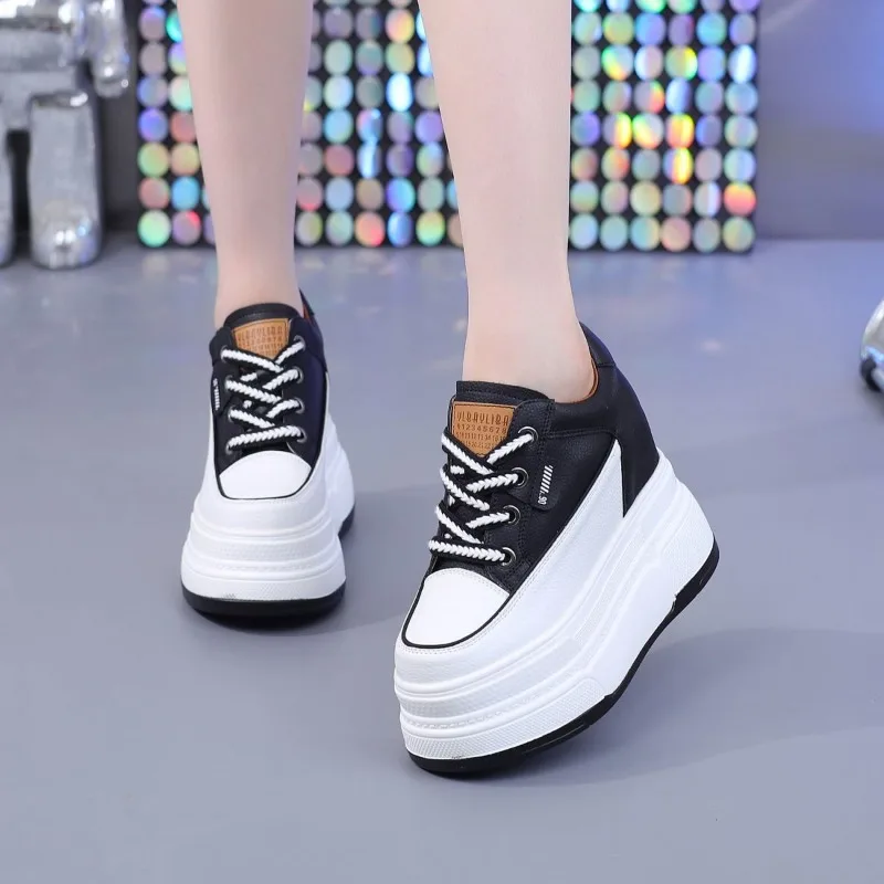 2026 New 12cm Casual Shoes For Woman Shoes on Platform Heel Shoes White Comfortable High Heel Hidden Chunky Wedge Sneakers