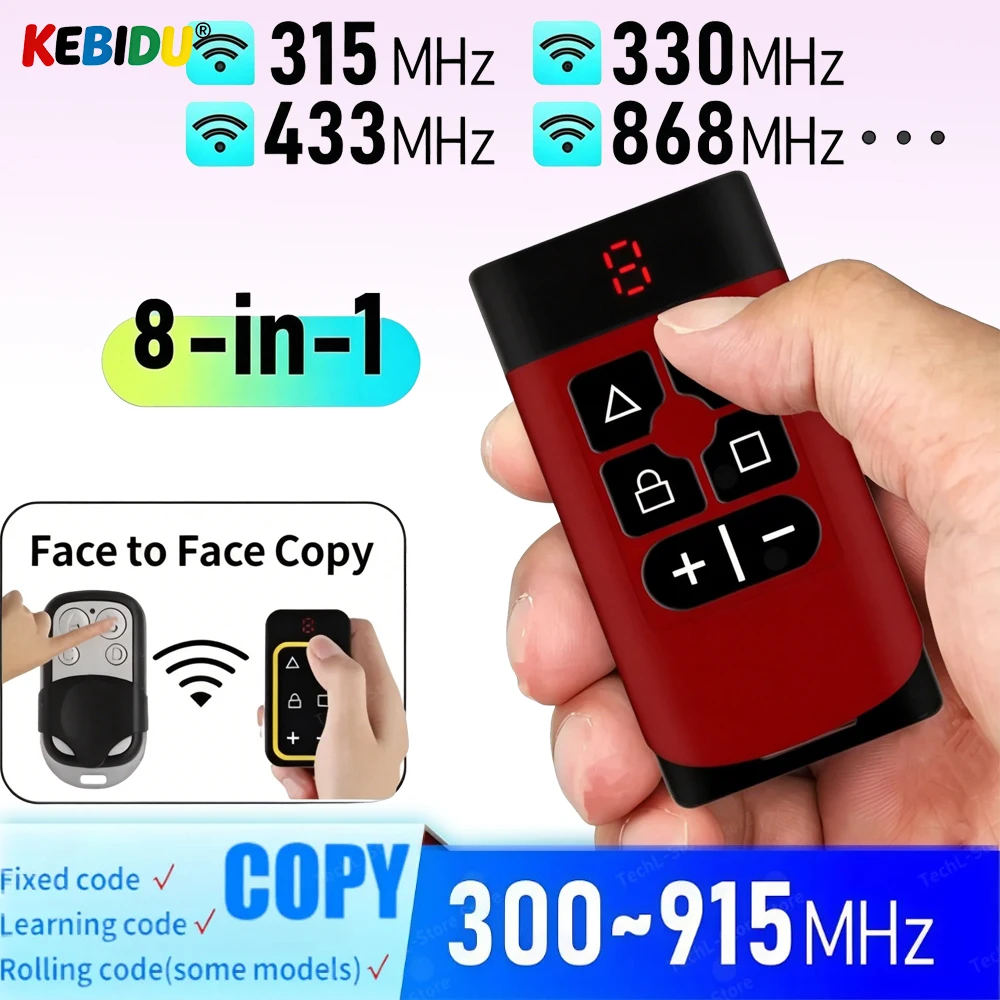 KEBIDU 8-in-1 Garagentor-Fernbedienung, Multifrequenz 300-915MHz, Klon 433MHz 868MHz, Torsteuerung, Befehlsschlüsselanhänger, Sender, wiederaufladbar