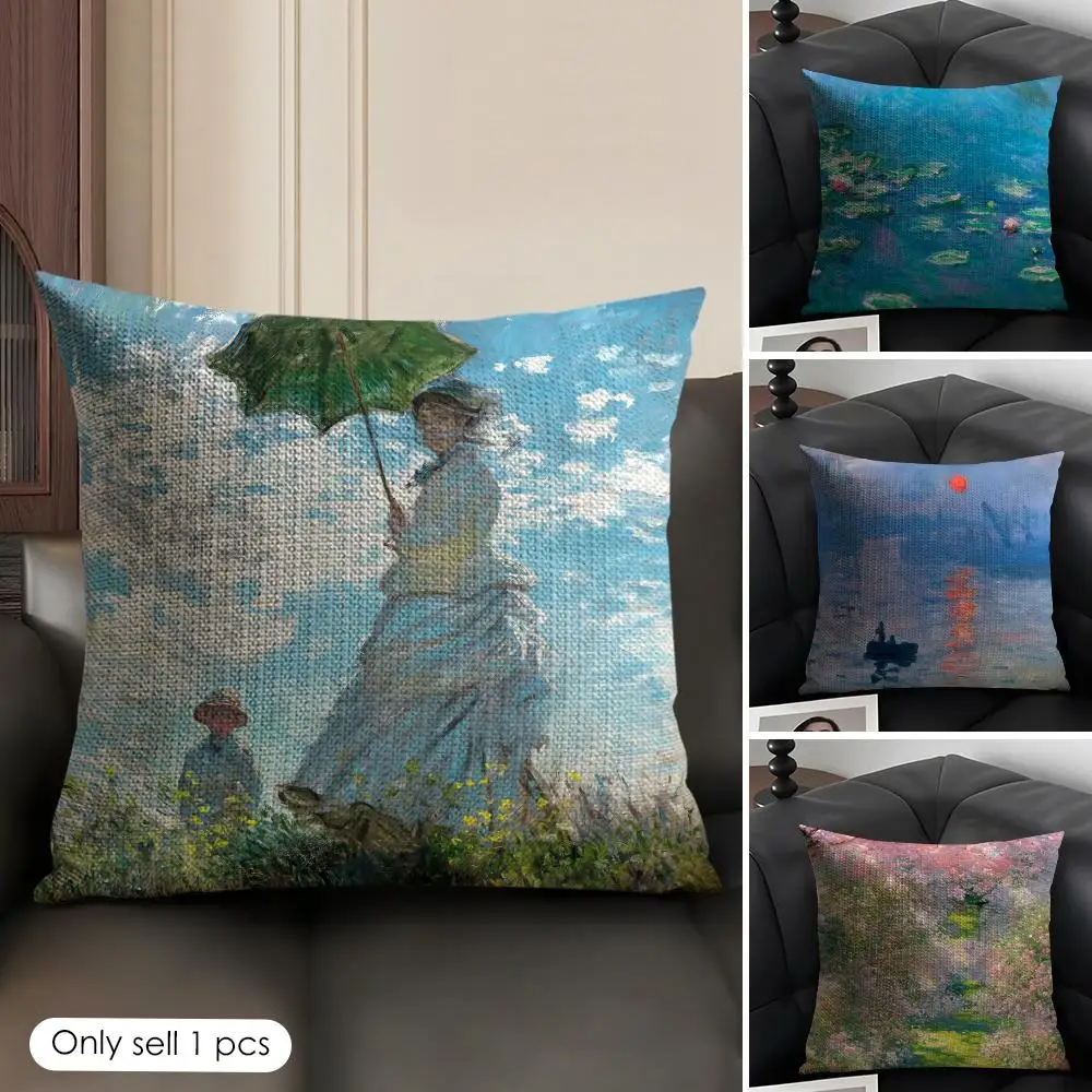 

Claude Monet oil art Cushion Cover Natural Linen Organic Fabric Double-Sided Printing Sofa Home Decor Gift Pillow Case