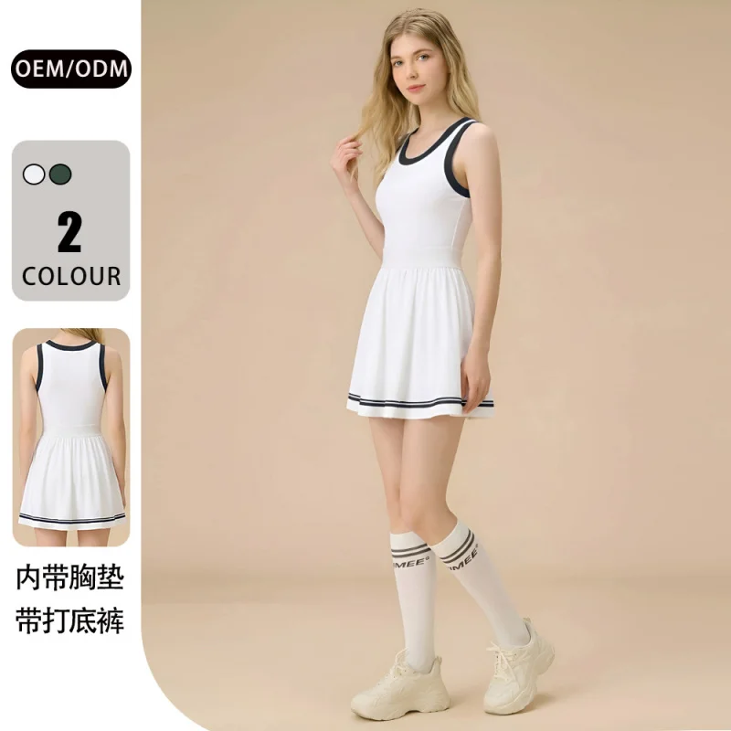 SharpStar Women's Color-blocked Sports Dress with Shorts Anti-exposure Tennis Dress with Chest Pad Breathable Pickleball Outfit
