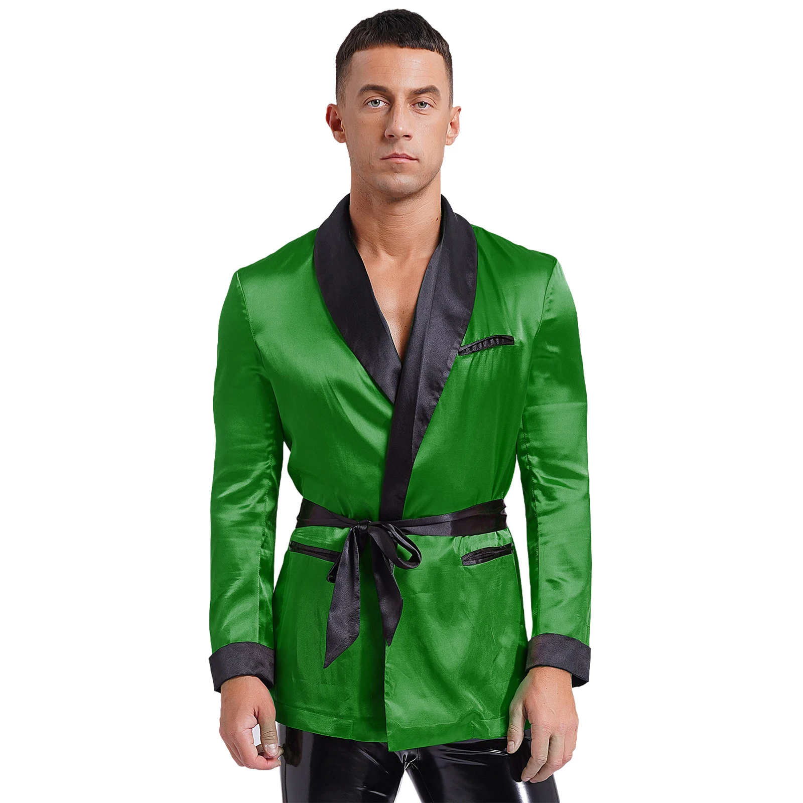 Spleewear Mens Satin Nightshirt Tops with Belt Lapel Long Sleeve Side Pockets Shirts Satin Kimono Bathrobe Nightwear Loungewear