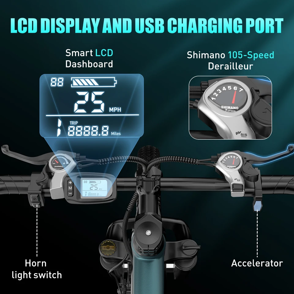 GT300 26 Inch Adults Electric Mountain Bike Ebike, 748W Peak 400W Rated Motor, 22MPH Max Speed, 36V 10Ah Removable Lithium Battery, Shimano 7‑Speed Gears, Lockable Front Shock Absorber Dual Disc Brake for Commuter Off‑Road Riding image 9