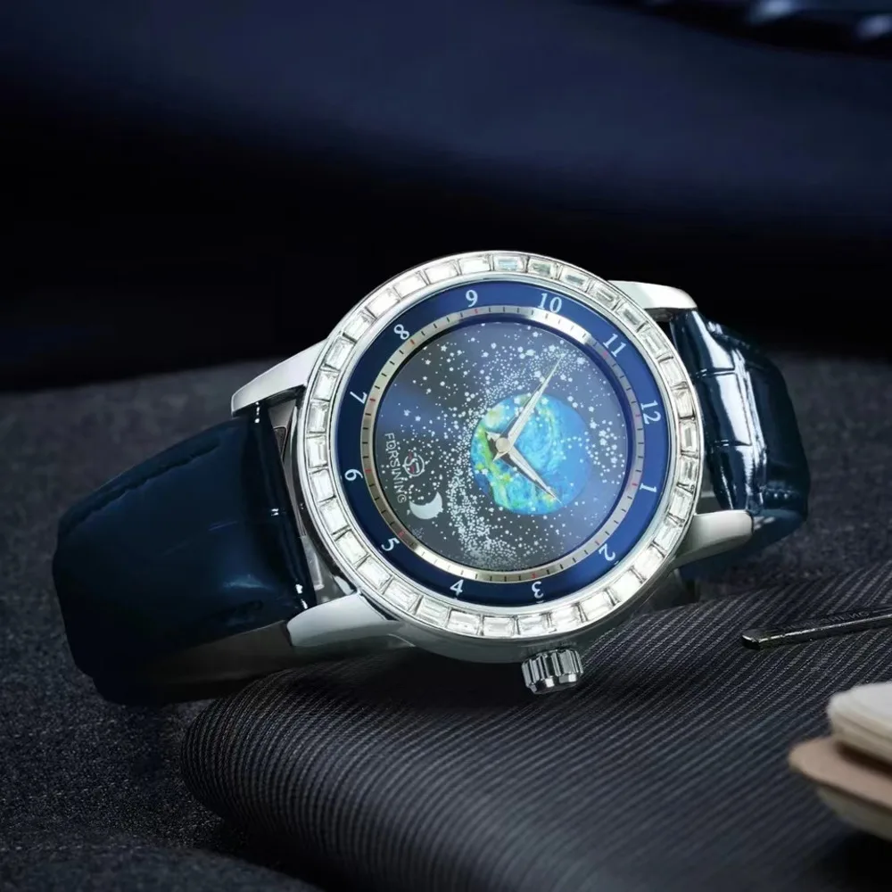 FORSINING Automatic Mechanical Watch for Men Original Diamond Rotational Starry Sky Moon Phase Leather Strap Mens Watch Reloj