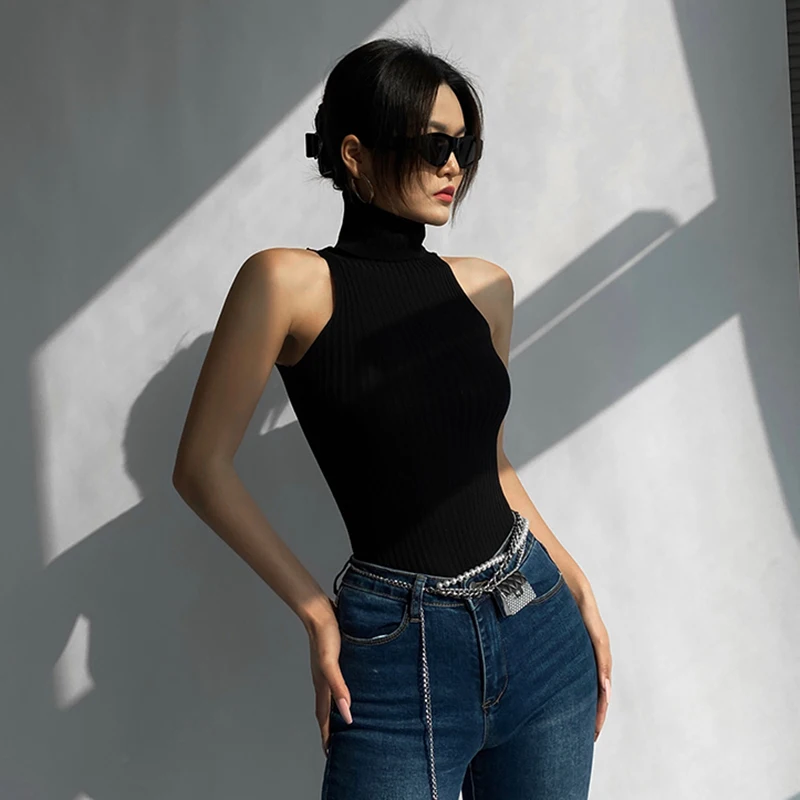 HELIAR Women Black Off Shoulder Tank Tops Turtleneck Y2K Tops Women 2023 Summer Knitted Tees Hot Skinny Round Neck Solid Cloth