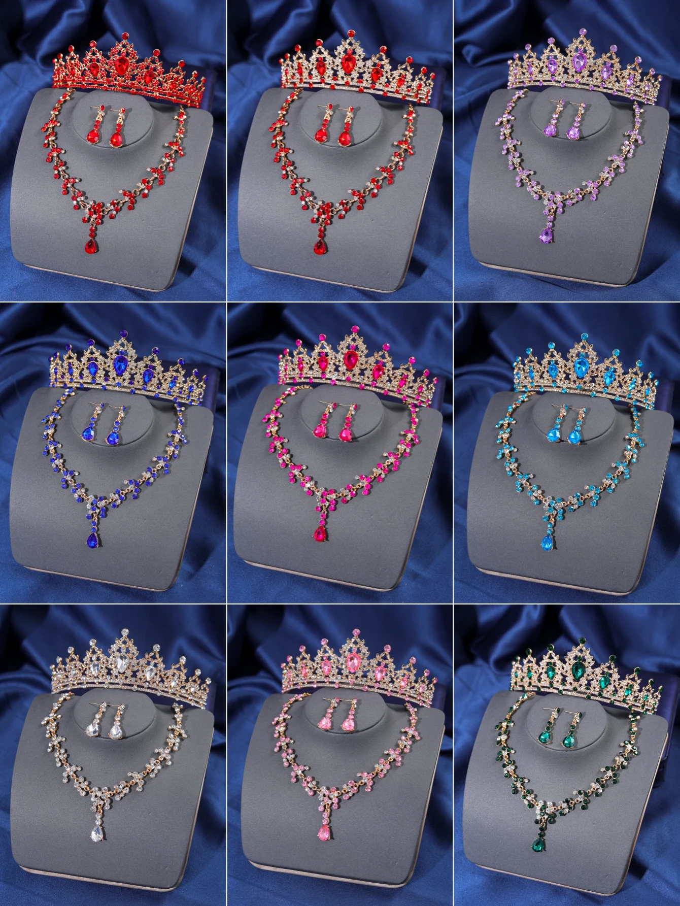 4. elegante Strass Königin Wasser Diamant Krone Ohrringe Halskette Zubehör Set Braut Hochzeit Kopfbedeckung Haarschmuck Gorg