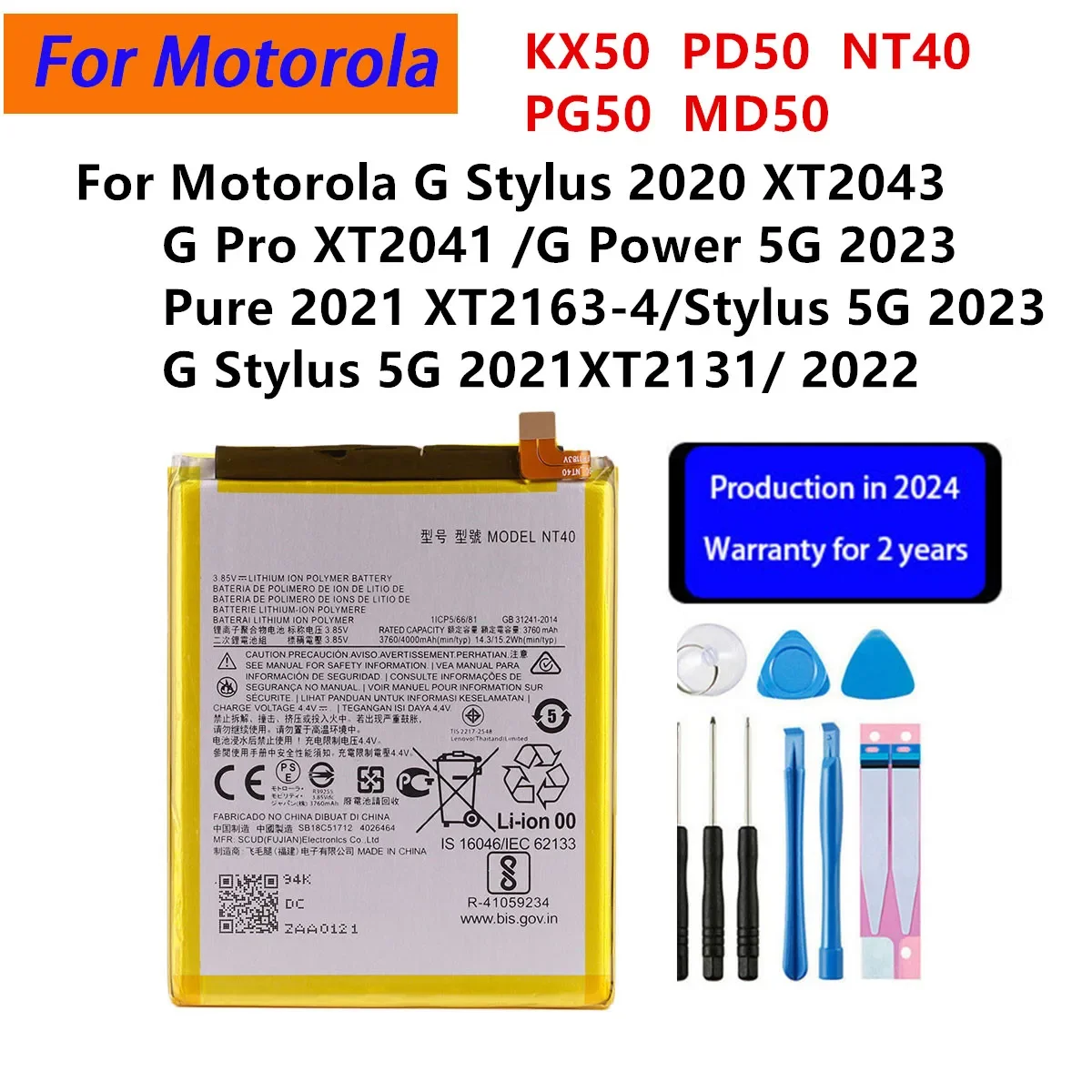 Battery KX50 NT40 PD50 PG50 MD50 For Motorola MOTO G Stylus 2020 Pure 2021 Power 5G 2023 Stylus 5G 2023 Phone Batteries+Tools