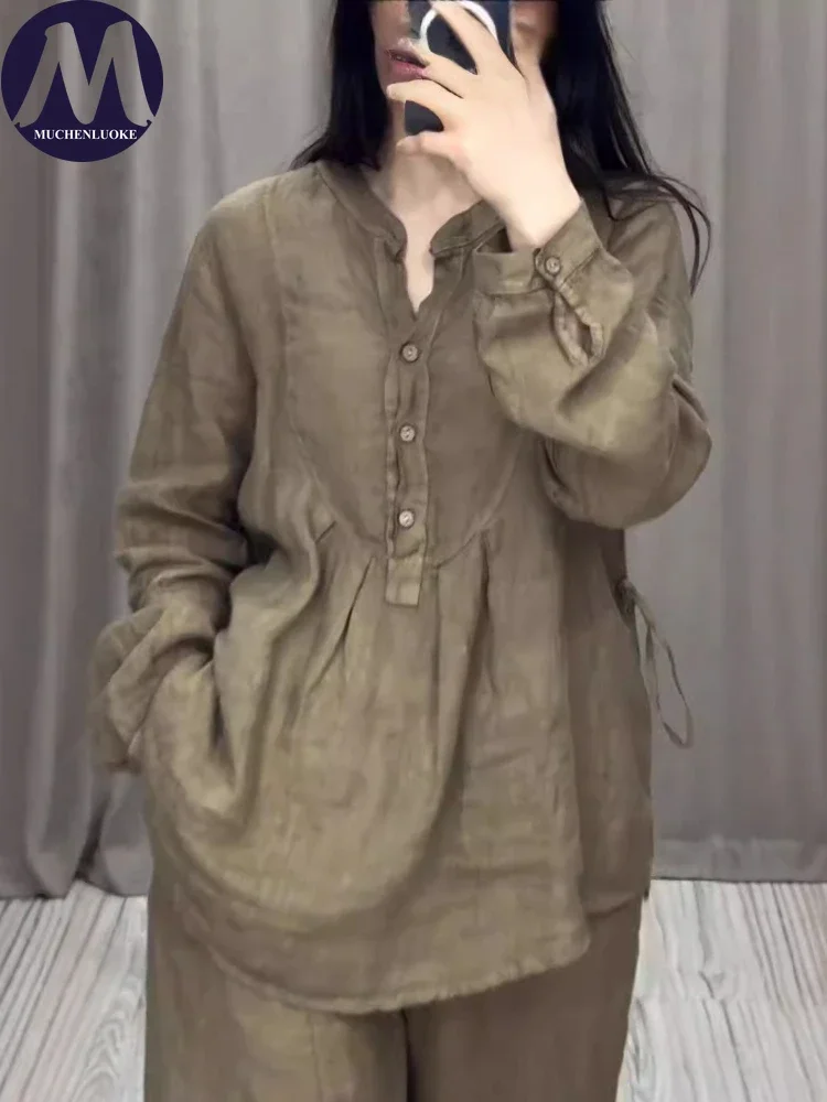 2 قطعة مجموعة للمرأة الصيف جديد أنيق القطن الكتان طويلة الأكمام نصف بالأزرار القمم الدعاوى المألوف عارضة فضفاض بانت مجموعات