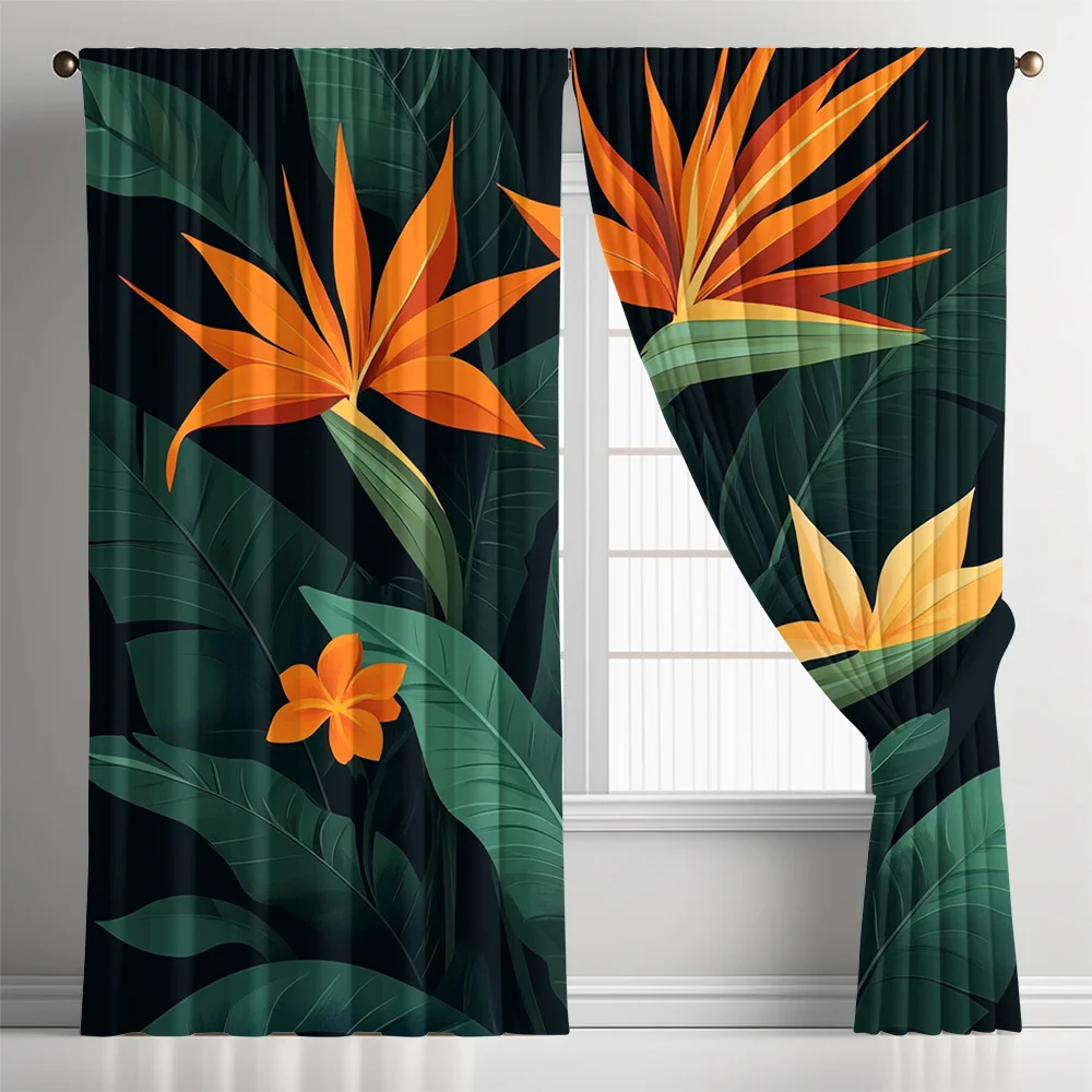 Tropical Bird of Paradise Curtains Set of 2 Rod Pocket Opaque Dark Green Orange for Living Room Bedroom Decor