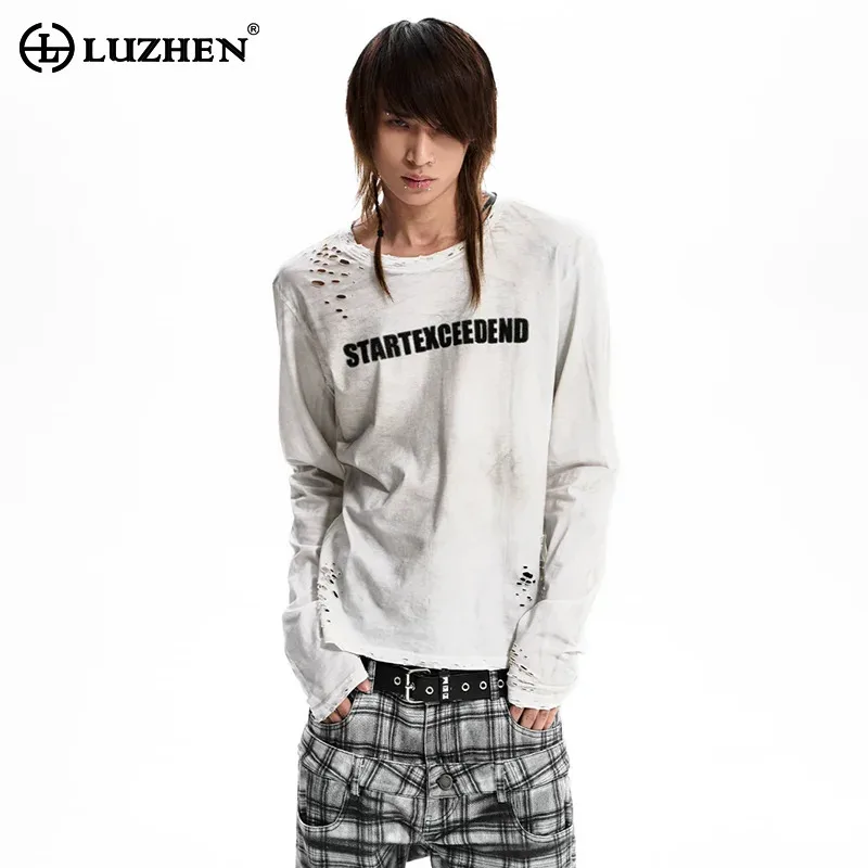 LUZHEN 2026 New Original Broken Hole Wornout Design Long Sleeve T-shirts Men Trendy Handsome Back Printed Round Neck Tops JY8776