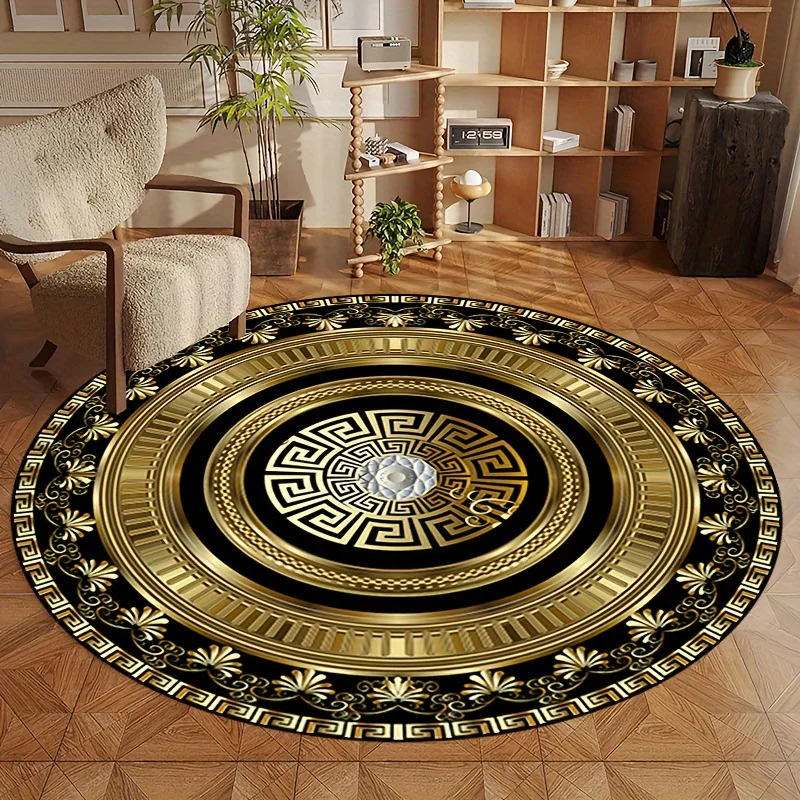 

Круглый ковер с узором «греческий ключ», фланелевый ковер, классический дизайн, напольное покрытие для домашнего декора, элегантный стиль, мягкий, нескользящий.