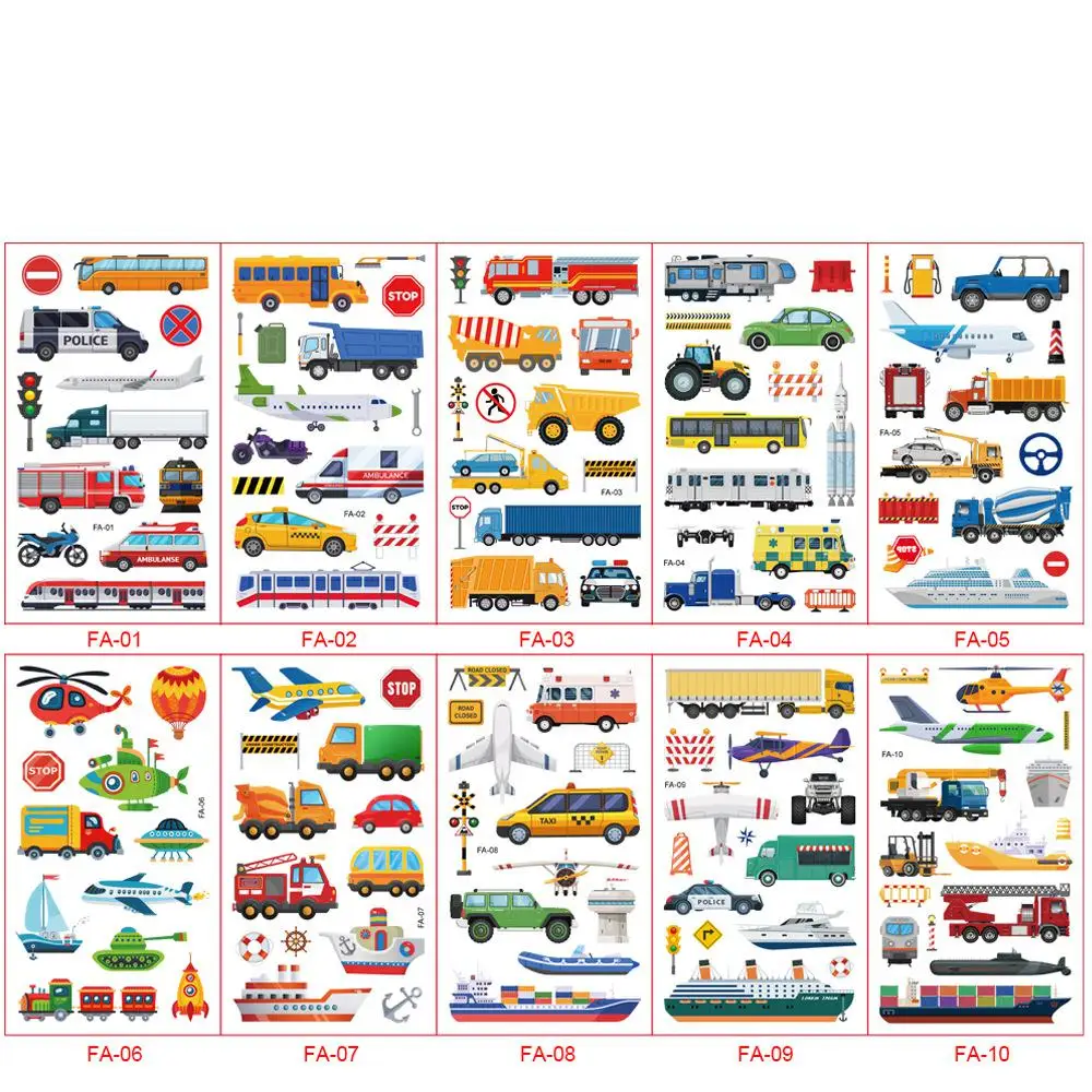 10Pcs/set Tattoo Sticker Various Cartoon Car Fake Tattoo Sticker Temporary Tattoos Waterproof Airplane Tattoo Arm Hand Gift