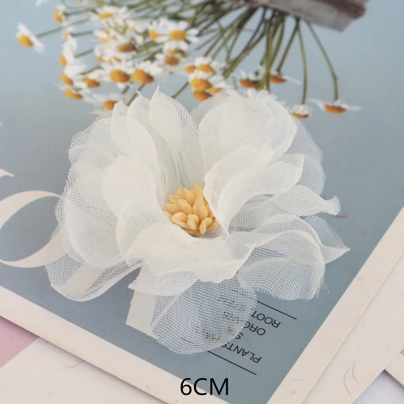 10 Teile/los Weiß Serie Kamelie Rose Chiffon Stoff Künstliche Blume Kopf Für Hochzeit Kleid Kleidung Dekoration Kopfschmuck – Detail 5