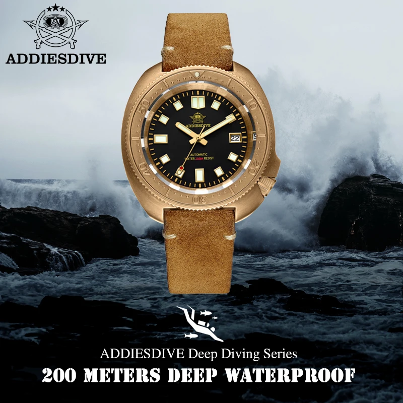 ADDIESDIVE Men‘s Bronze Automatic Watches Sapphire Glass Leather Analog Wristwatch Waterproof C3 Super Luminous Mechanical Watch