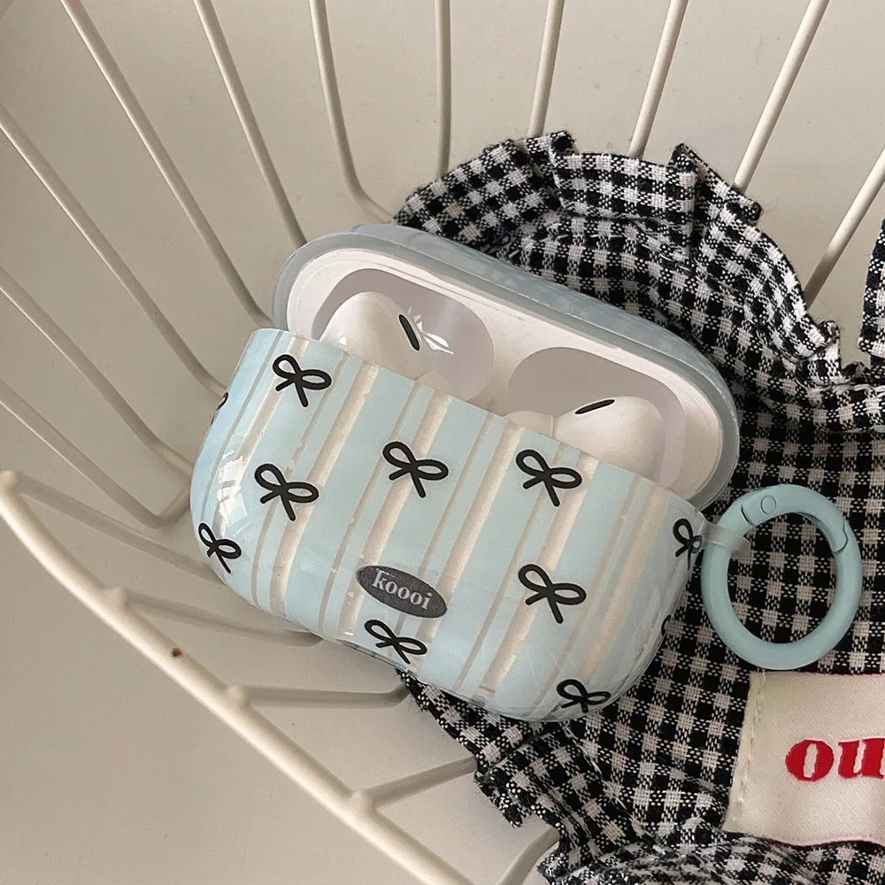 Ins Summer Blue Stripes Transparent Cover For Airpods 1 2 3 Pro 2 3nd Earphone Case Wireless Charging Box Black Bowknot Fundas