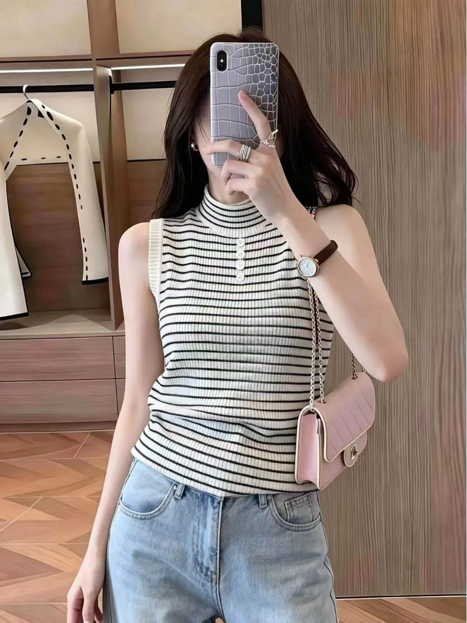 

Korean Style Slim Fit Stripe Vest Women's Summer Thin Unique Beautiful Sleeveless Top Half High Collar Knitted Sweater