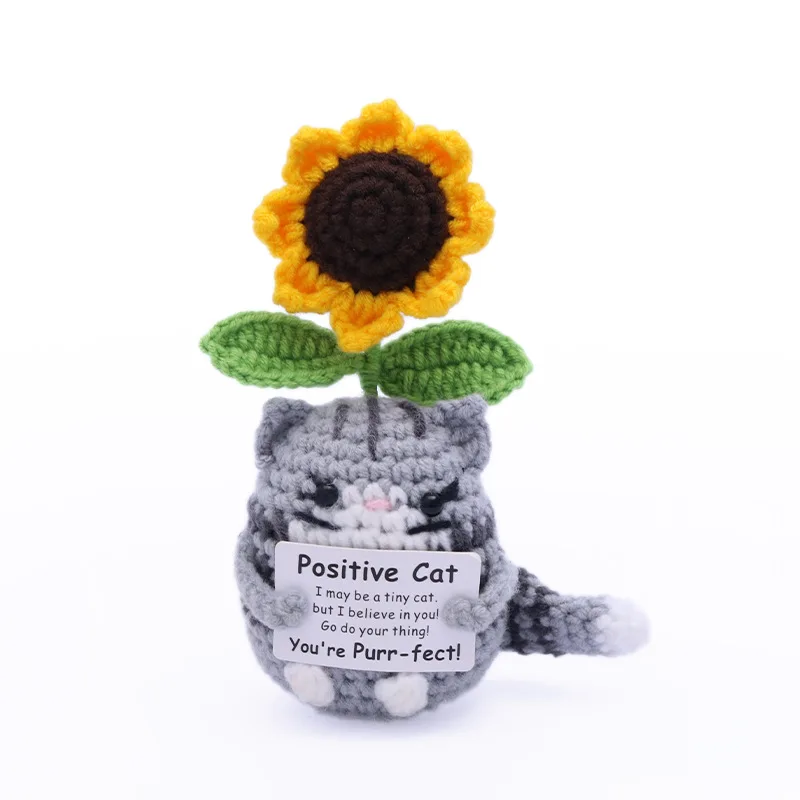 Funny Positive Crochet Cat Flower Doll Desktop Ornament Handmade Cheer Emotional Support Positive Cat with Card Home Party Decor