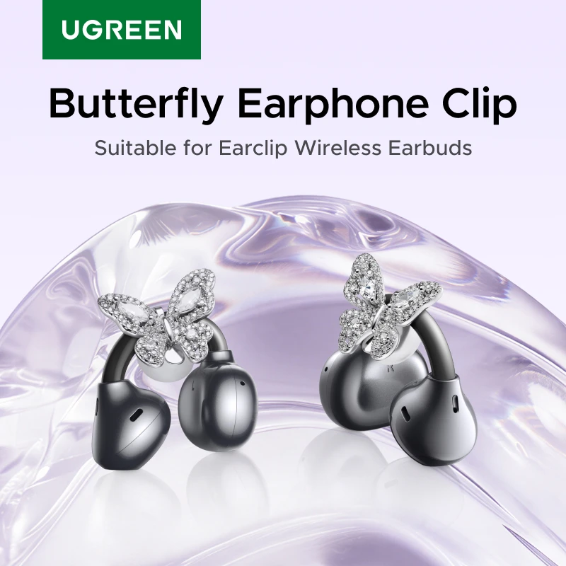 UGREEN ewelry-Inspired Full Diamond Butterfly Clip On Earbuds, Open Ear Wireless Bluetooth Ear Cuff Headphones for Women, Bling