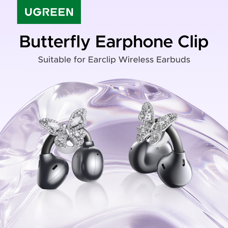  UGREEN ewelry-Inspired Full Diamond Butterfly Clip On Earbuds, Open Ear Wireless Bluetooth Ear Cuff Headphones for Women, Bling 