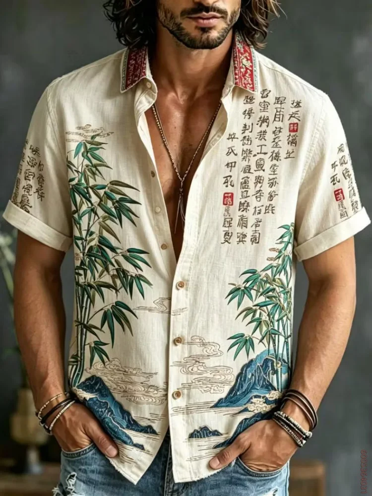 Men's short sleeved shirt, bamboo landscape calligraphy printed top, versatile shirt for daily commuting, vacation and travel