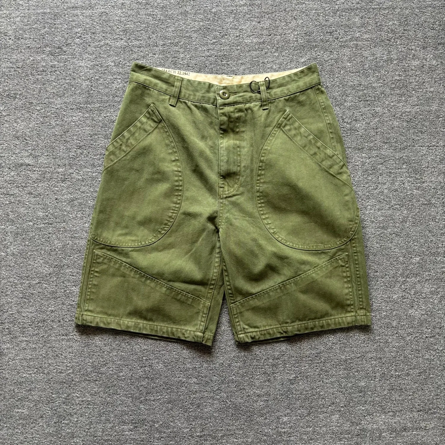 American retro herringbone pattern cargo shorts for men with large pockets, loose straight leg pants, summer casual