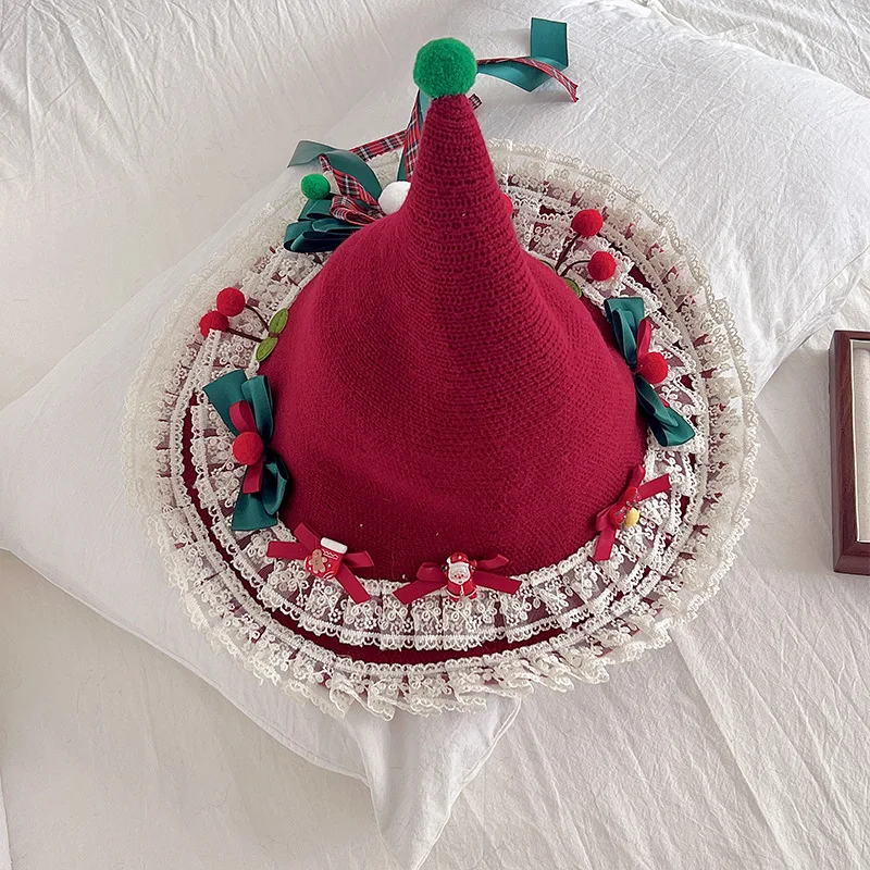 Sombrero de bruja de Navidad Original japonés Lolita, lazo de encaje, sombrero de cuento de hadas para mujer, accesorios de disfraces de fiesta, tocado con lazo