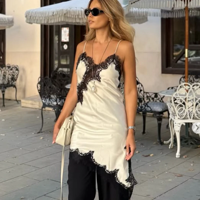 HXAO 슬립 여성 드레스 민소매 블랙 레이스 드레스 여성 비대칭 우아한 파티 드레스 섹시한 백리스 새틴 옐로우 드레스