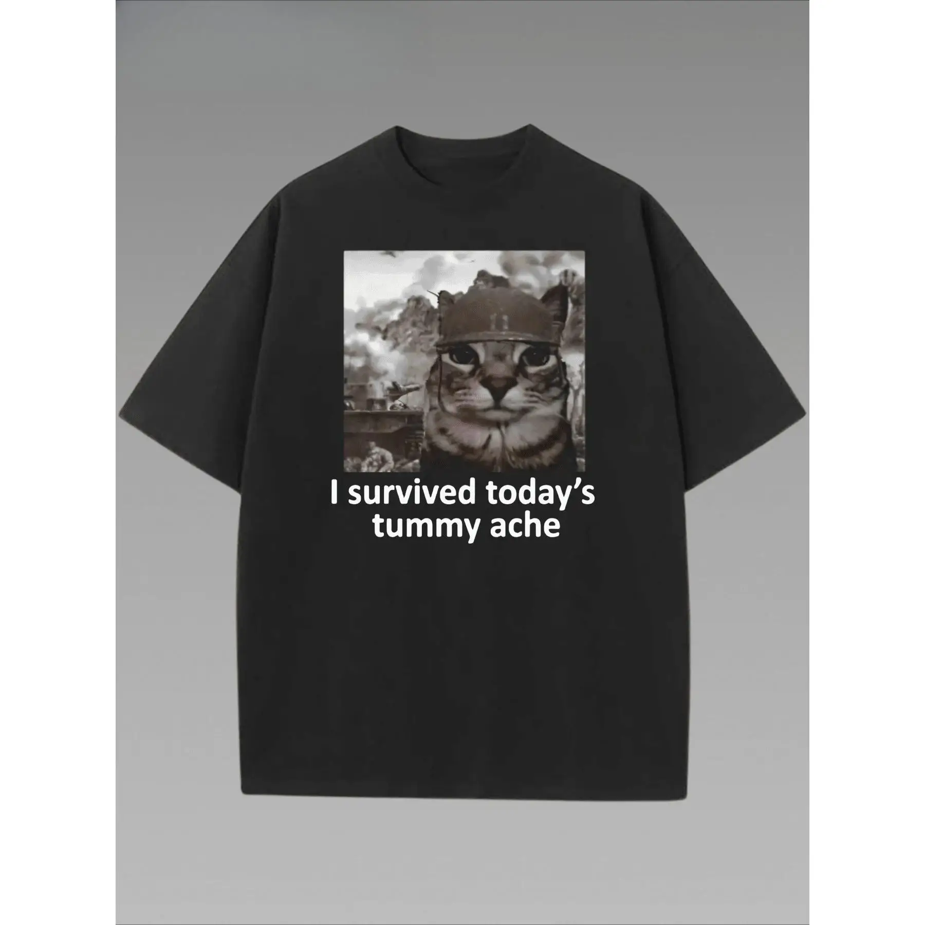 

Humorous and Relatable T - Shirt: Flaunt a "I survived today’s tummy ache" Message with a Cool Cat Graphic