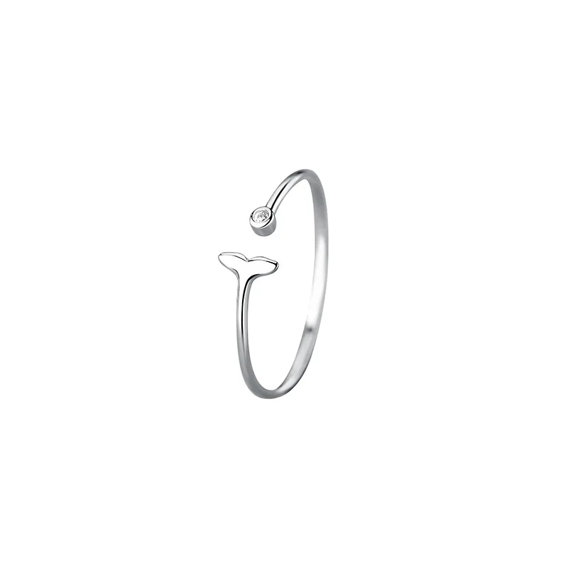 RYJU 925 Sterling Silver Mermaid Fish Tail Ring Cute Sweet Crystal Adjustable Opening Ring For Women Romantic Gift Faith Jewelry