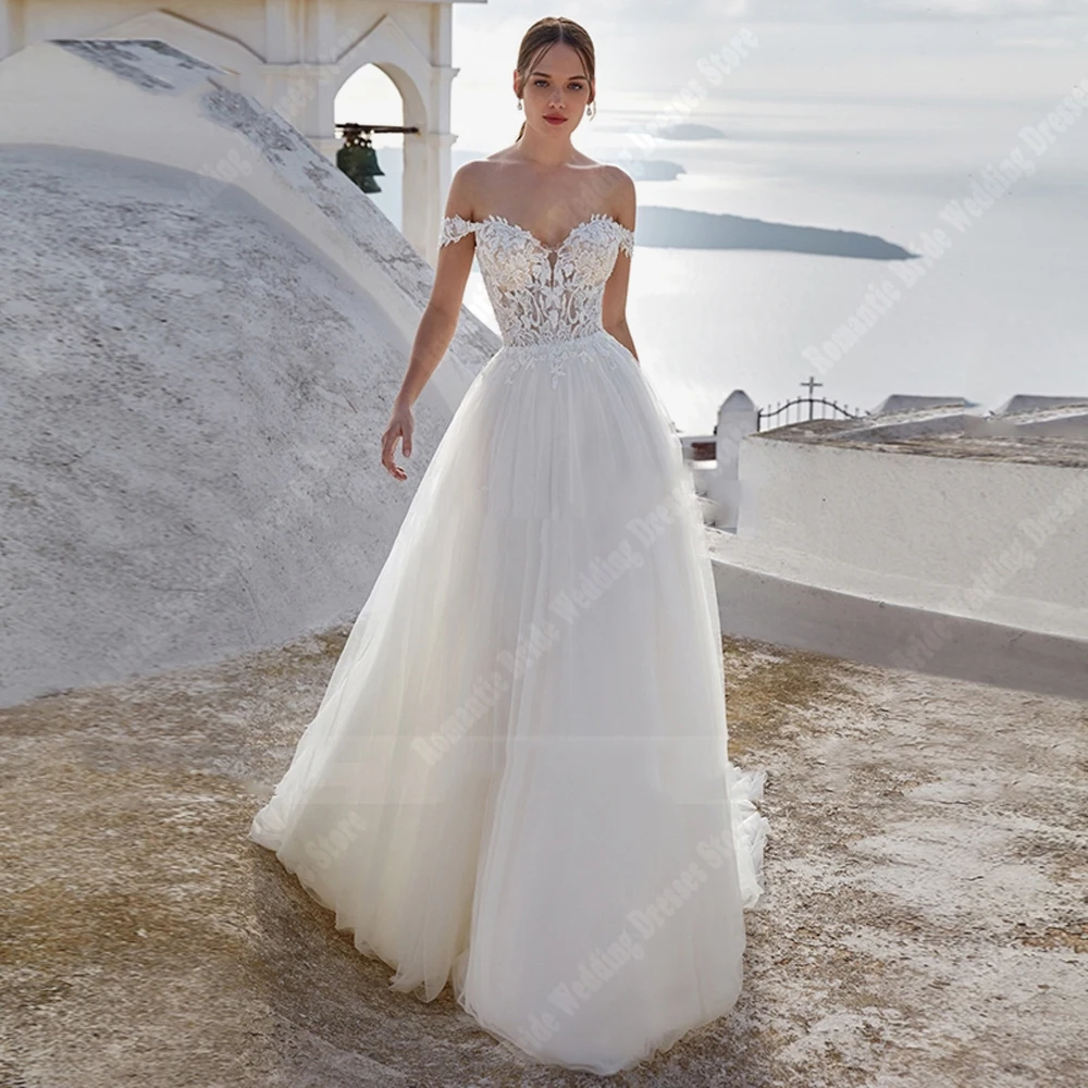 ปิดไหล่ V คอผู้หญิงชุดแต่งงาน Bright Tulle ชุดเจ้าสาว Mopping ความยาวแขนกุด Vestidos De Novias ที่กําหนดเอง