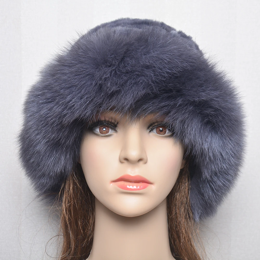 New Style Women Outdoor Winter Warm Natural Fox Fur Hats Lady Knit Fur Cap Female Fashion Knitted Fluffy Real Rex Rabbit Fur Hat