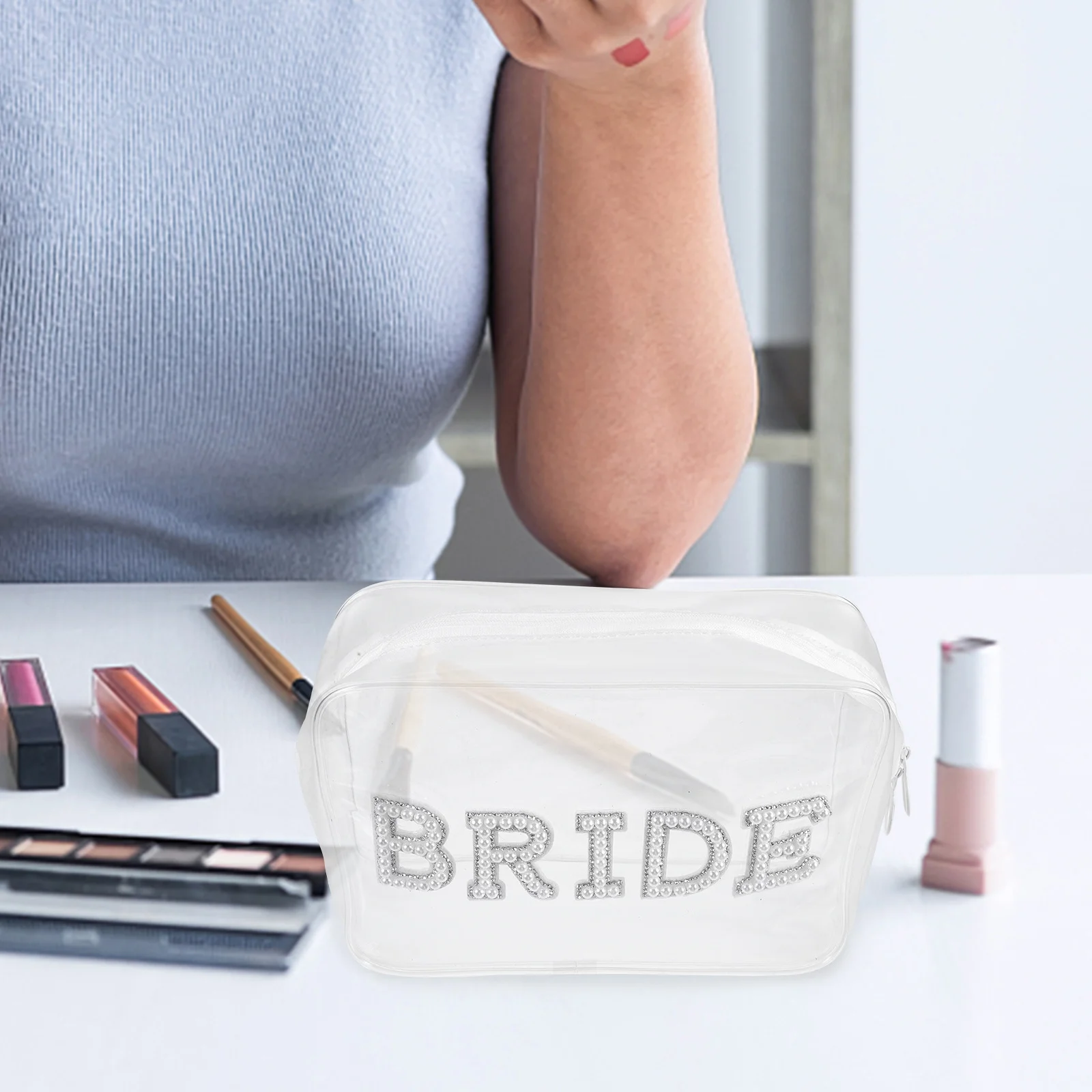

Clear Bride Makeup Bag Travel Toiletry Pouch Lightweight Portable Organizer for Cosmetics Cards Keys Storage Wedding Essentials