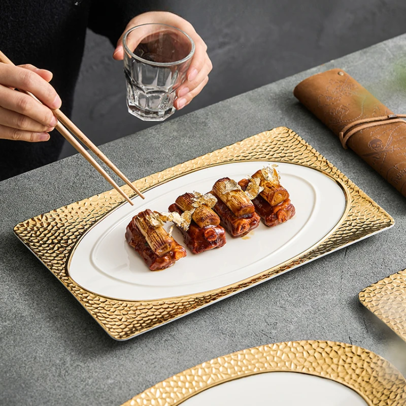 

Stone Patterned White Gold Ceramic Flat Plate Steak Plate Dessert Plate Sushi Dish Cooking Plates Restaurant Creative Tableware