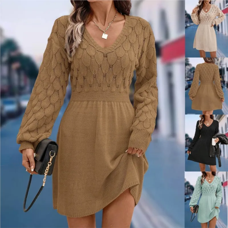Knit Dress Fall Scale Pattern Three-dimensional Crochet 2026 New V-neck Beach Skirt A-line Skirt Long-sleeved Dresses For Women