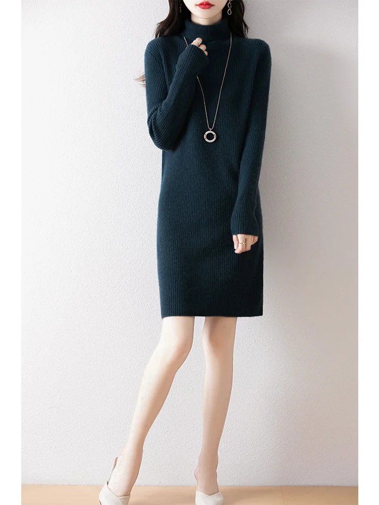 Women's Pure 100% Wool Knitted Dress, High Collar, Slim Fit, Fashionable, Korean Style, Warm, Autumn/Winter 2024