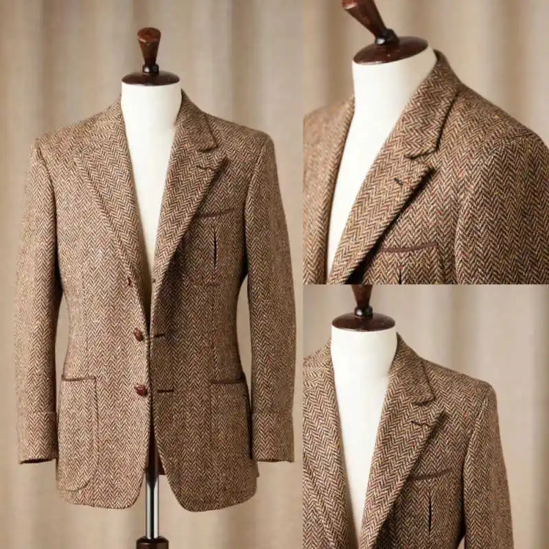 Elegant Herringbone Tweed Blazer Notched Lapel Single‑Breasted Pocket Detail For Business Casual Wedding Banquet Customized