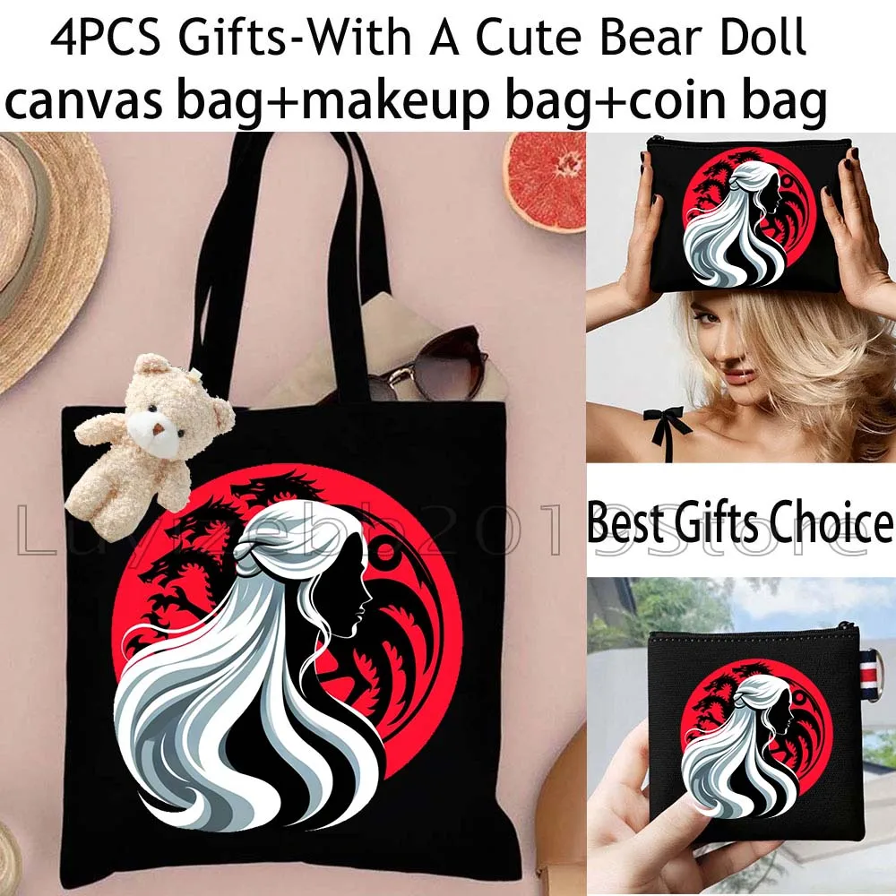 4PCS Gift Dragons Print Large Capacity Canvas Tote Bag Shoulder Handbag,Cosmetic Makeup Toilet Bag,Coin Purse Key Wallet Pouch
