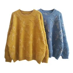 TEELYNN Yellow/blue/Beige Stars Pattern Jumpers Women Pullover Sweaters Winter Warm Long Sleeve Loose Oversized Knitted Sweater