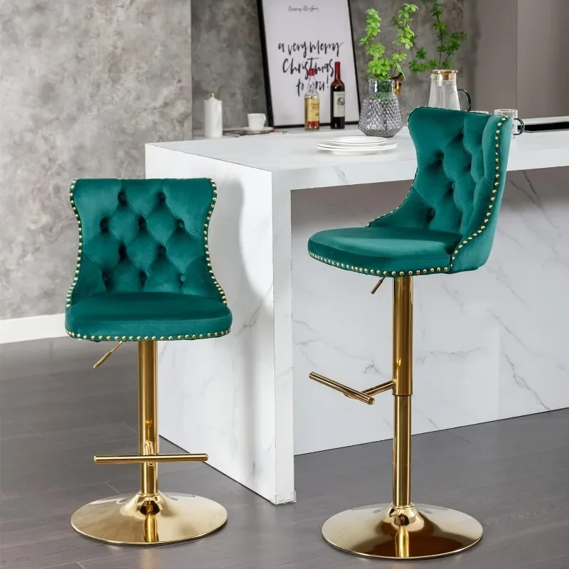 Swivel Bar Stools Set of 2, Adjustable Counter Height Barstools with Nailheads Trim, Button Tufted Back and Silver Footrest,