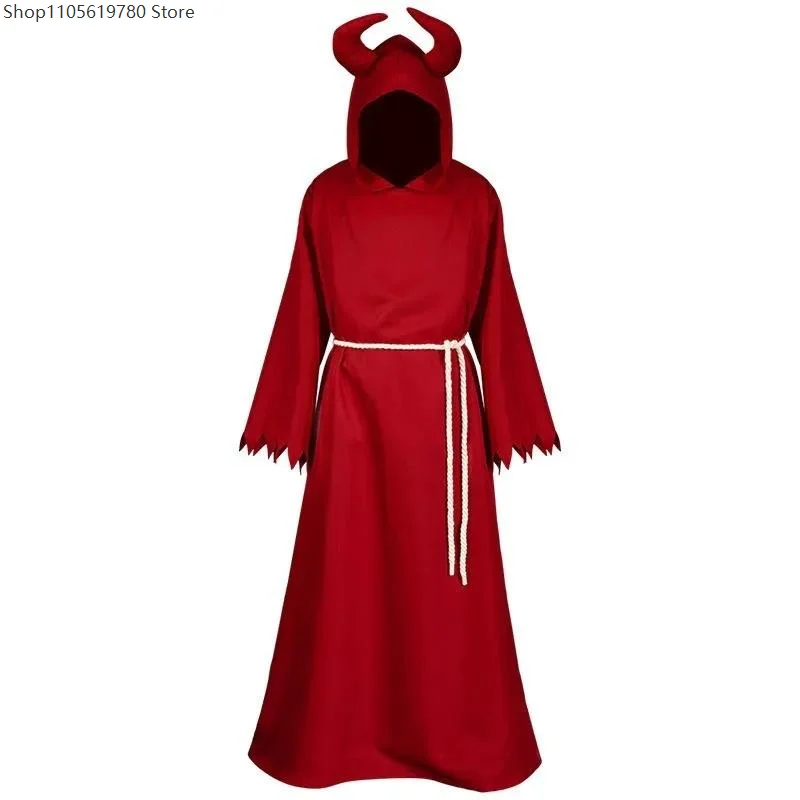 Men Women Gothic Flowy Hooded Long Robe Black Red Contrast Color Horror‑Style Outfit Accessory For Evening Cosplay Role‑Play