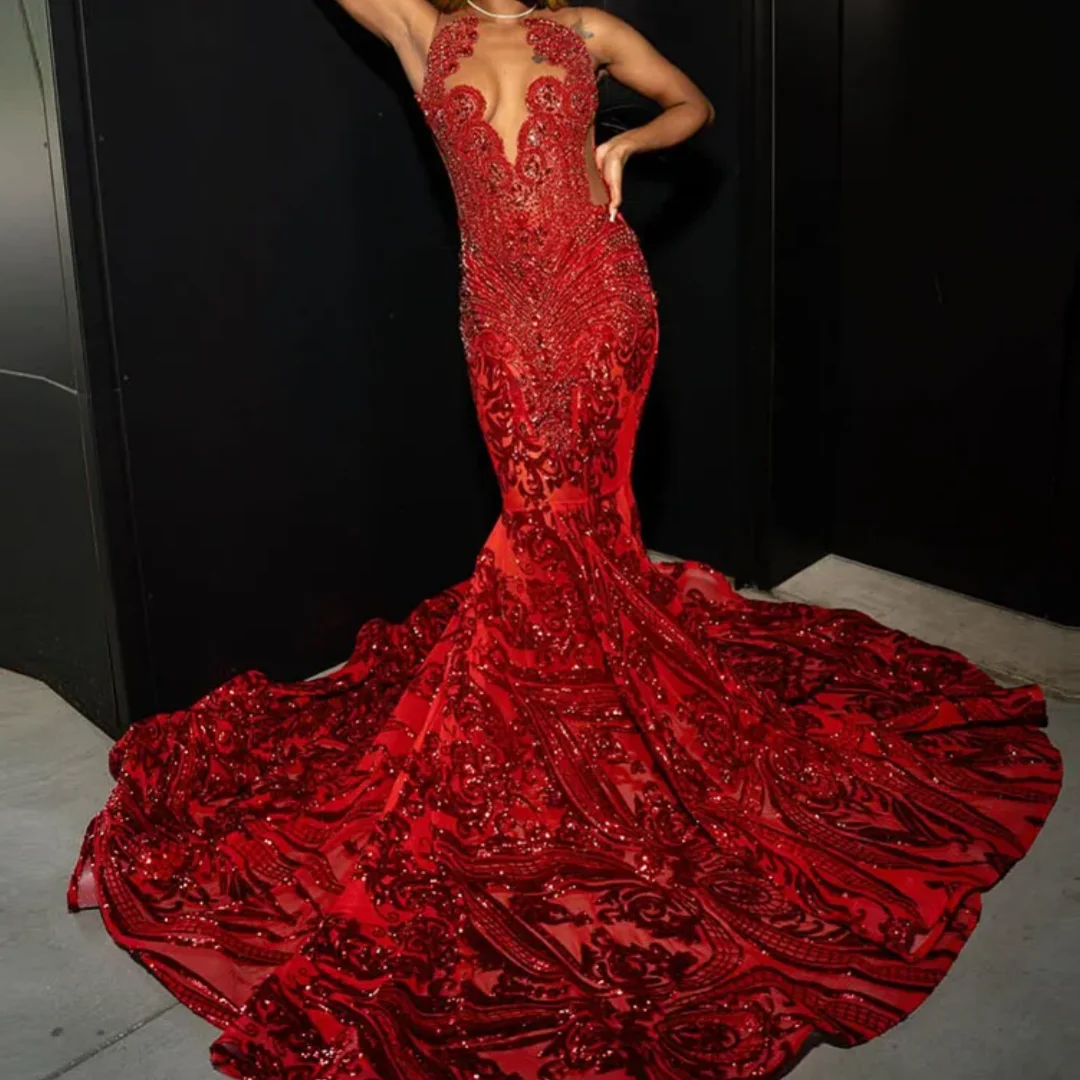 

Crystal Matric Dance Party Dress Sequined African Mermaid Evening Gowns Luxury Red Prom Dresses Customized 2025